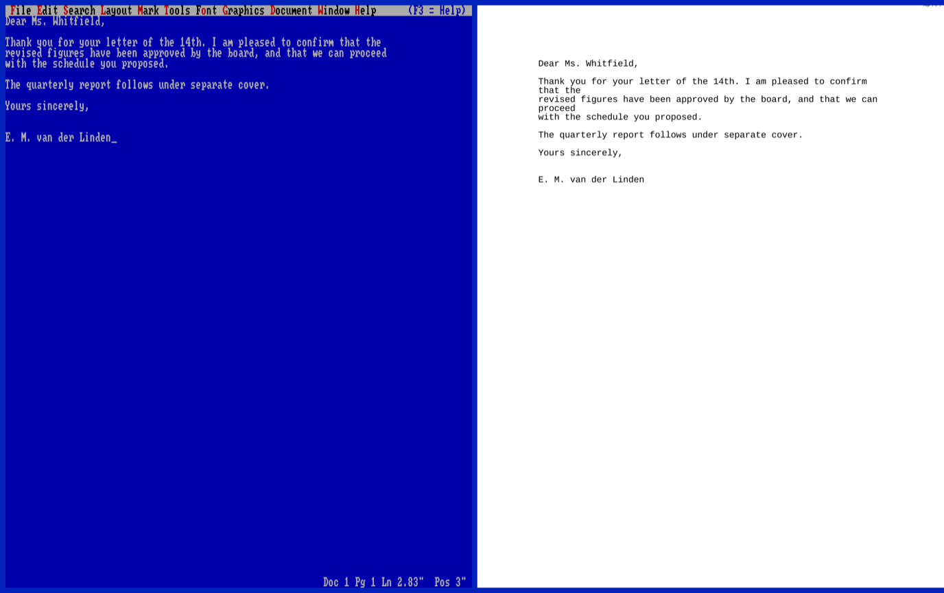 WasPerfect on a Mac: the blue DOS editing screen on the left with a letter being typed, and the live print preview showing the same letter as a printed page on the right.