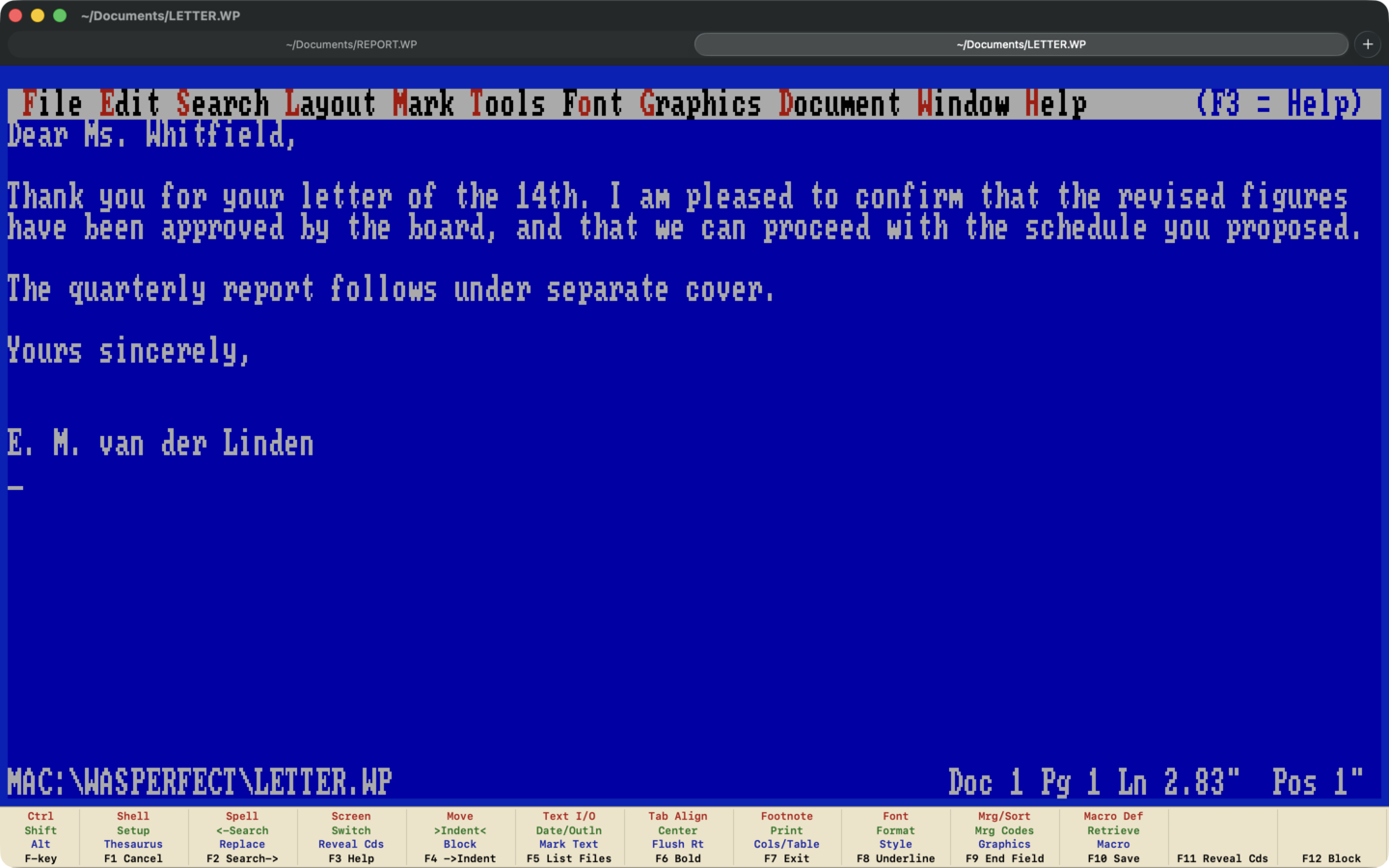 WasPerfect on a Mac: a native window with two document tabs, REPORT.WP and LETTER.WP, above the blue DOS editing screen, with the function-key template along the bottom.