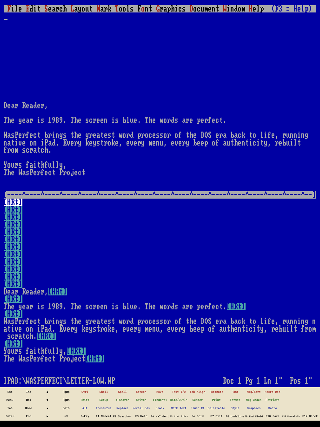 WasPerfect showing Reveal Codes: the editing screen on top, the formatting-codes pane below the tab ruler.