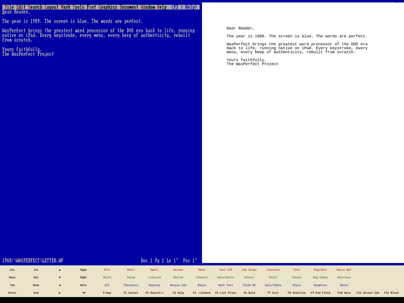 WasPerfect on iPad in landscape: the blue DOS editing screen beside a live print preview page, with the function-key template bar along the bottom.